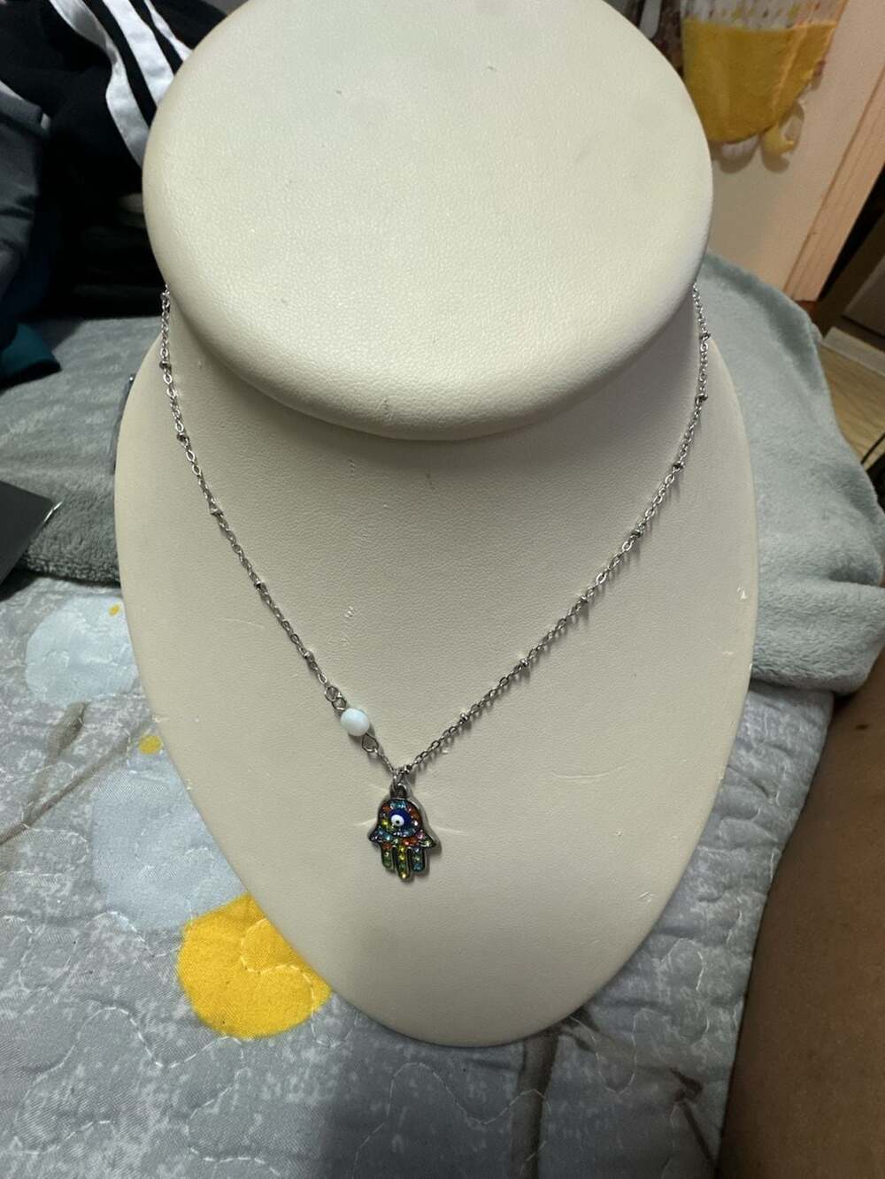 Silver Tone Multi Color Crystal Hamsa Hand Necklace